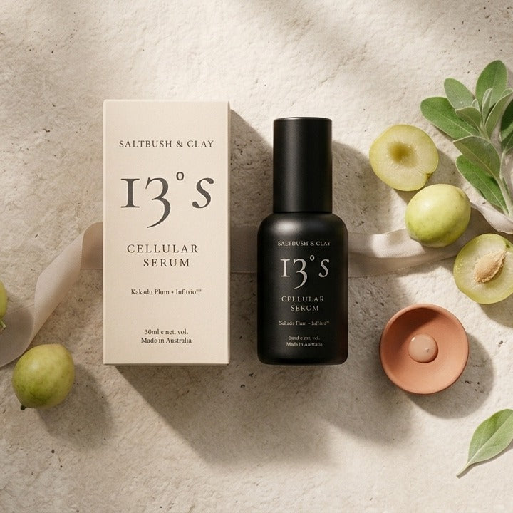 Saltbush and Clay 13°S Cellular Serum 30ml with box and fresh Kakadu Plum fruit flatlay, Made in Australia