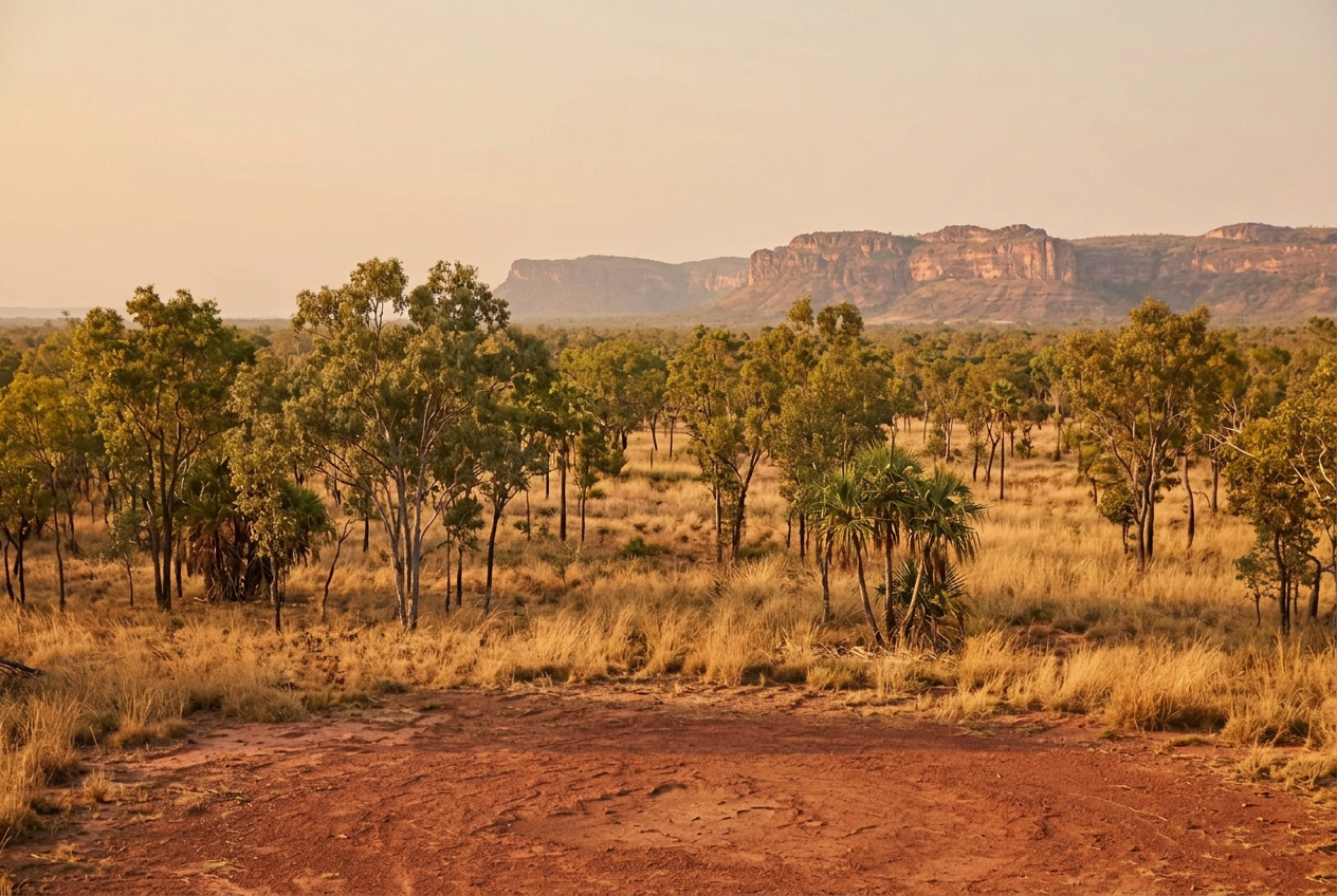 Tropical savanna woodland with pandanus and a sandstone escarpment in Australia's Top End at golden hour